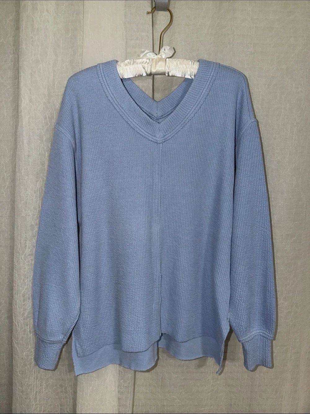 aerie XXS Monaco Blue V-Neck V-Back Long Sleeve Ribbed Knit Cotton Top